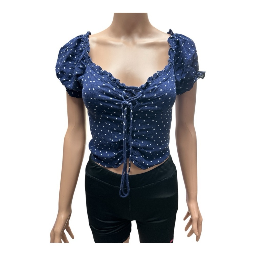 American Eagle - EC - Blue Crop Ruched Puff Sleeve Blouse